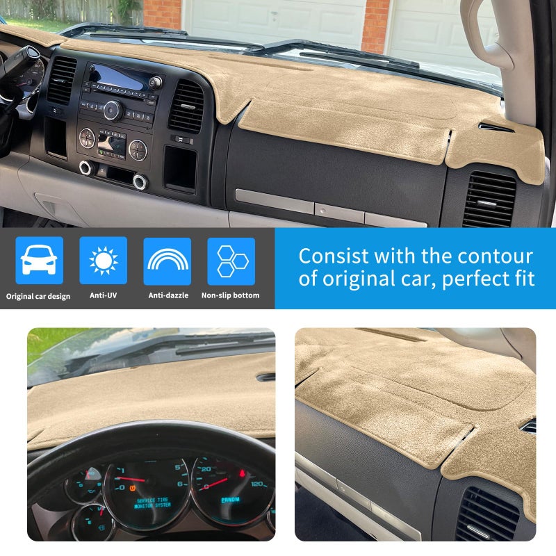 HanLanKa Dashboard Cover for GMC Sierra and Chevrolet Silverado- Fits 2007-2013 Models with Two Glove Boxes. Custom Fit Dash Mat, Won't Break Dash Sensors(Premium Carpet, Beige) - Image 3